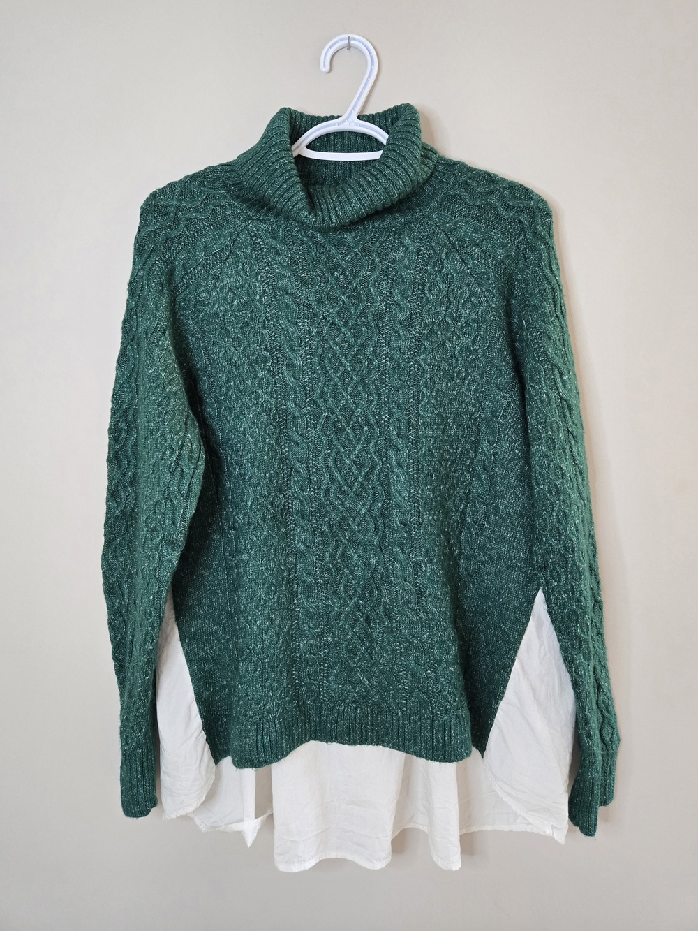 Anthropologie teal twofer cable-knit turtleneck sweater, white fooler top, new